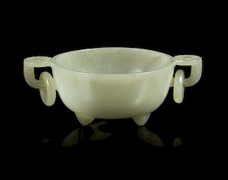 A Celadon Jade Double Handled Cup Diameter 2 7/8 inches.