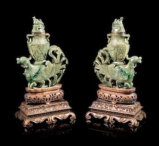 A Pair of Carved Celadon Jade Animal-Form Covered Vessels Height of earch 12 1/2 inches.