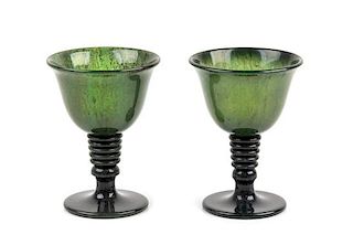 A Pair of Spinach Jade Cups Height of each 3 1/2 inches.