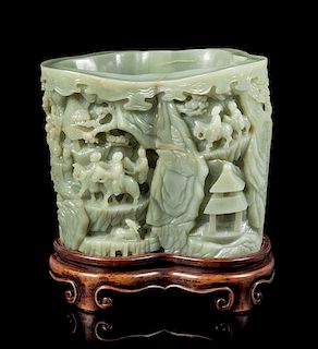 A Large Carved Celadon Jade Brushpot, Bitong Height 10 1/2 inches.