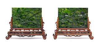 A Pair of Carved Spinach Jade Inset Hardwood Table Screens Height of each 13 1/4 x length 14 1/4 inches.