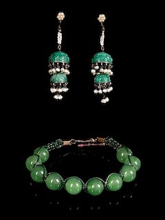 A Pair of Jadeite and Gold Earrings and a Jadeite Bracelet Length of largest 8 inches.