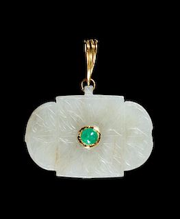 A Yellow Gold Mounted Jade Pendant Length 1 1/2 inches.