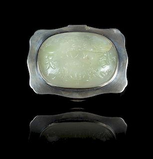 A White Jade Inset Silver Hinged Box Width of jade 3 1/2 x depth 2 5/8 inches; width of box 4 3/8 inches.