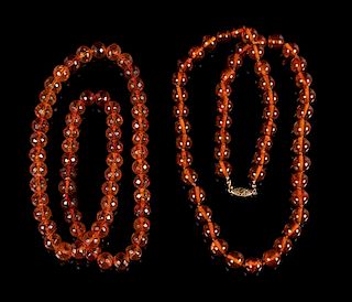 Two Amber Beaded Necklaces Length of longest 26 1/2 inches.