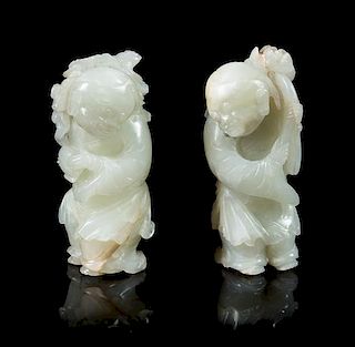 Two Pale Celadon Jade Figures of He He Er Xian Height of taller 3 1/4 inches.