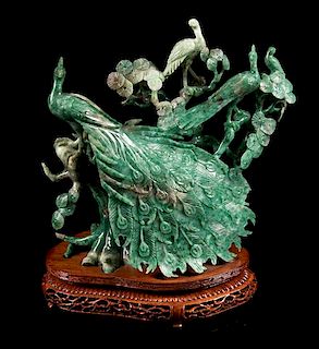 * A Green Jadeite Figural Group of Birds Height 8 1/4 inches.