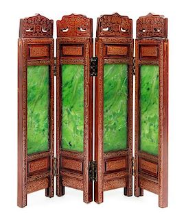 * A Spinach Jade Inset Silver Wire Inlaid Hardwood Table Screen Height 15 inches.