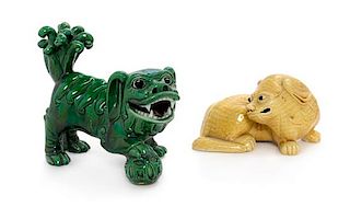 * Two Chinese Export Monochrome Glazed Porcelain Figure of Fu Lions Length of larger 7 1/2 inches.
