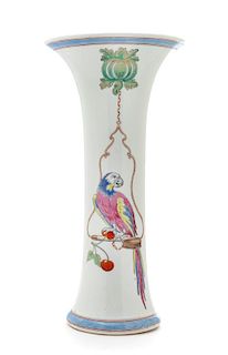 A Chinese Export Famille Rose 'Perching Parrot' Beaker Vase Height 11 inches.