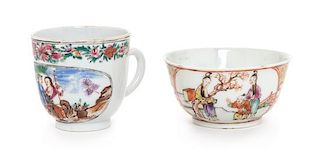 * Two Chinese Export Famille Rose Porcelain 'European Subject' Cups Diameter of larger 3 1/8 inches.