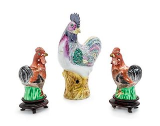 * Three Chinese Export Porcelain Figures of Roosters Height of largest 8 inches.