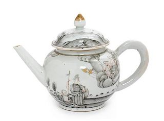 A Chinese Export Gilt Decorated Grisaille Porcelain Teapot Length 7 1/2 inches.