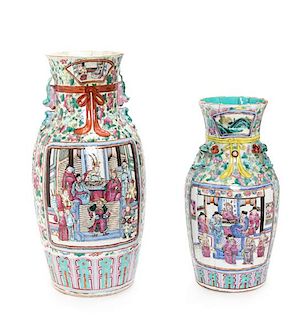 Two Chinese Export Rose Mandarin Porcelain Vases Height of taller 17 3/4 inches.