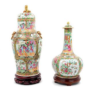 * Two Chinese Export Rose Medallion Porcelain Covered Vases Height of taller 19 1/2 inches.
