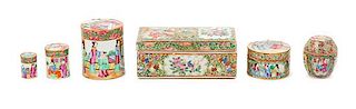 * Six Chinese Export Rose Medallion Porcelain Covered Boxes Length of largest 7 1/8 inches.