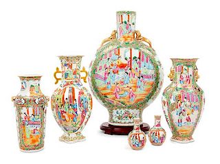* Six Chinese Export Rose Medallion Porcelain Vases Height of tallest 17 1/4 inches.