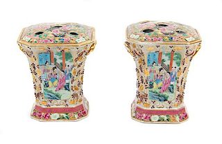 * A Pair of Chinese Export Gilt Decorated Rose Medallion Flower Vases Height of each 8 1/4 inches.