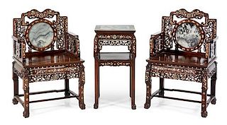 * A Set of Three Chinese Export Mother-of-Pearl Inlaid and Mable Inset Hongmu Furniture Height of chair 39 1/2 inches.