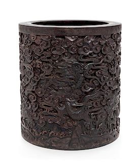 A Carved Rosewood Brush Pot Height 9 1/4 inches.