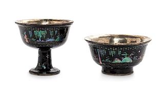 * Two Mother-of-Pearl Decorated Black Lacquered Silver Wares Height of taller 3 inches.