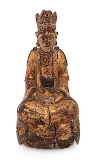 A Gilt Lacquered Wood Figure of Guanyin Height 15 1/2 inches.