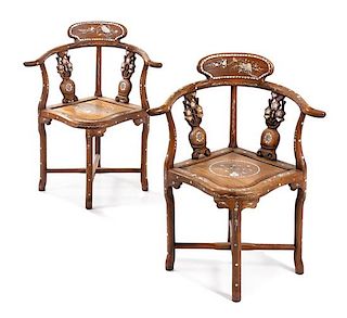 A Pair of Mother-of-Pearl Inlaid Hardwood Chairs Height 33 1/2 inches.