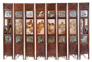 A Porcelain and Glass Inset Hardwood Eight-Panel Floor Screen Height 91 x width 15 3/4 (each panel).
