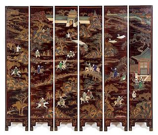* A Hardstone Inset Brown Lacquered Six-Fold Floor Screen Height 55 1/2 x 61 1/2 inches.