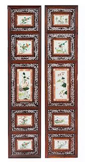 Two Famille Verte Porcelain Inset Hardwood Panels Height 57 x length 12 1/4 x width 1 inches (each).
