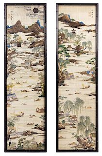 Two Embroidered Silk Panels 55 3/4 x 14 1/2 inches (visible).