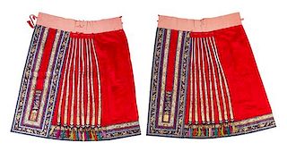 A Red Ground Embroidered Damask Skirt Length 36 1/2 inches.