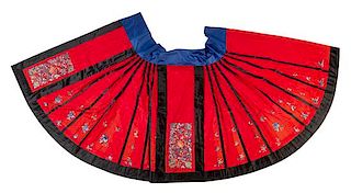A Red Ground Embroidered Silk Apron Skirt Length 38 inches.