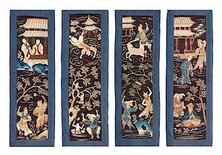 Four Chinese Embroidered Silk Panels 32 1/2 x 8 inches (each)