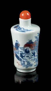 A Copper Red, Blue and White Porcelain Snuff Bottle Height overall 3 1/4 inches.