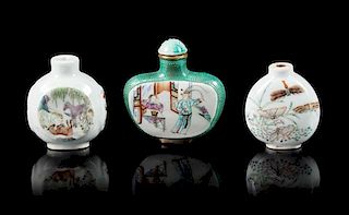 Three Famille Rose Porcelain Snuff Bottles Height of tallest overall 2 1/2 inches.