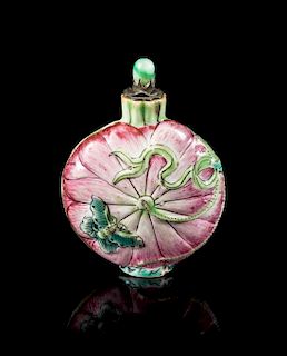 A Famille Rose Porcelain 'Lotus' Snuff Bottle Height 3 1/8 inches.