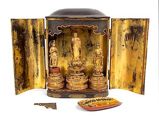 A Japanese Gilt and Black Lacquered Wood Buddhist Shrine Height 15 inches
