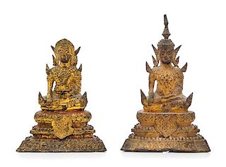 Two Thai Gilt Bronze Figures of Bodhisattvas Height of taller 7 3/4 inches.