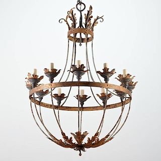 French tole peinte and iron 12-light basket chandelier