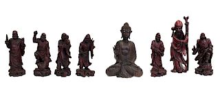 Group of 8 Carved Wood Figures Incl. Buddha.