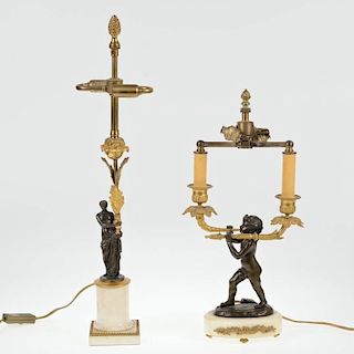 (2) Continental gilt bronze, marble figural lamps