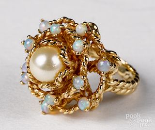 14K yellow gold pearl and opal cluster ring
