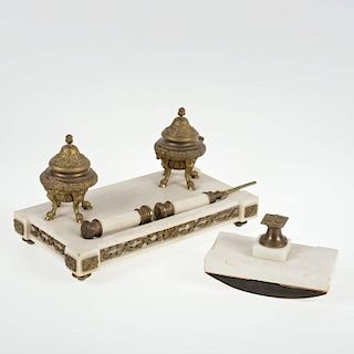Louis XVI style (4) piece bronze, marble desk set