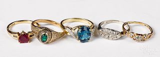 Five 10K gold gemstone rings