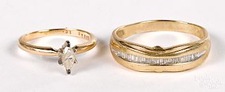 Two 14K yellow gold diamond rings