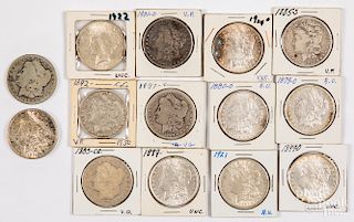 Thirteen Morgan silver dollars, etc.