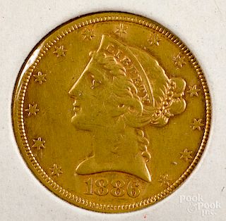 1886-S Liberty Head five dollar gold coin.