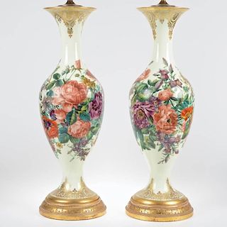 Nice pair large French opaline glass vase/lamps