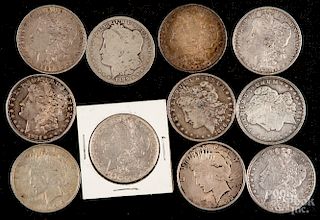 Nine Morgan silver dollars, etc.